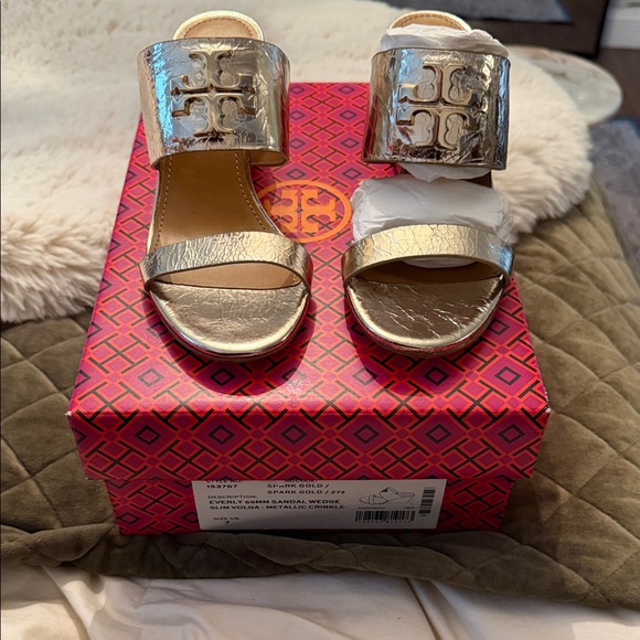 Tory Burch Shoes - Tory Burch Metallic Gold Crinkle Slide Wedges